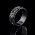 Hand Engraved Black Rhodium Band Ring, Unique Floral Wedding Band, Men Engraved Band, Unisex Wedding Band