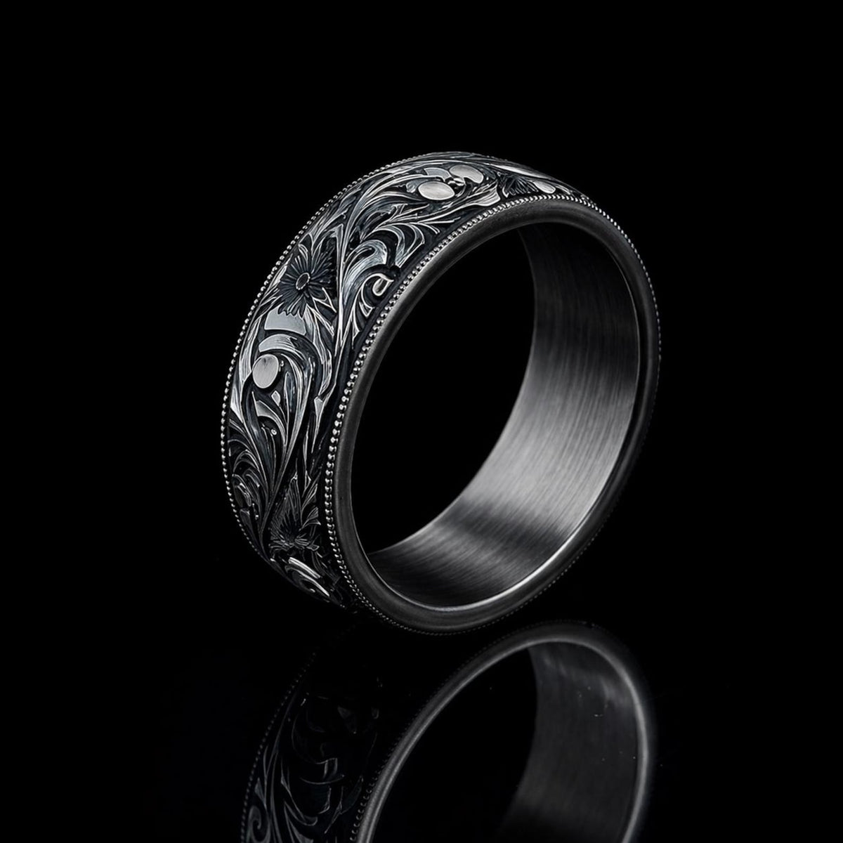 Hand Engraved Black Rhodium Band Ring, Unique Floral Wedding Band, Men Engraved Band, Unisex Wedding Band