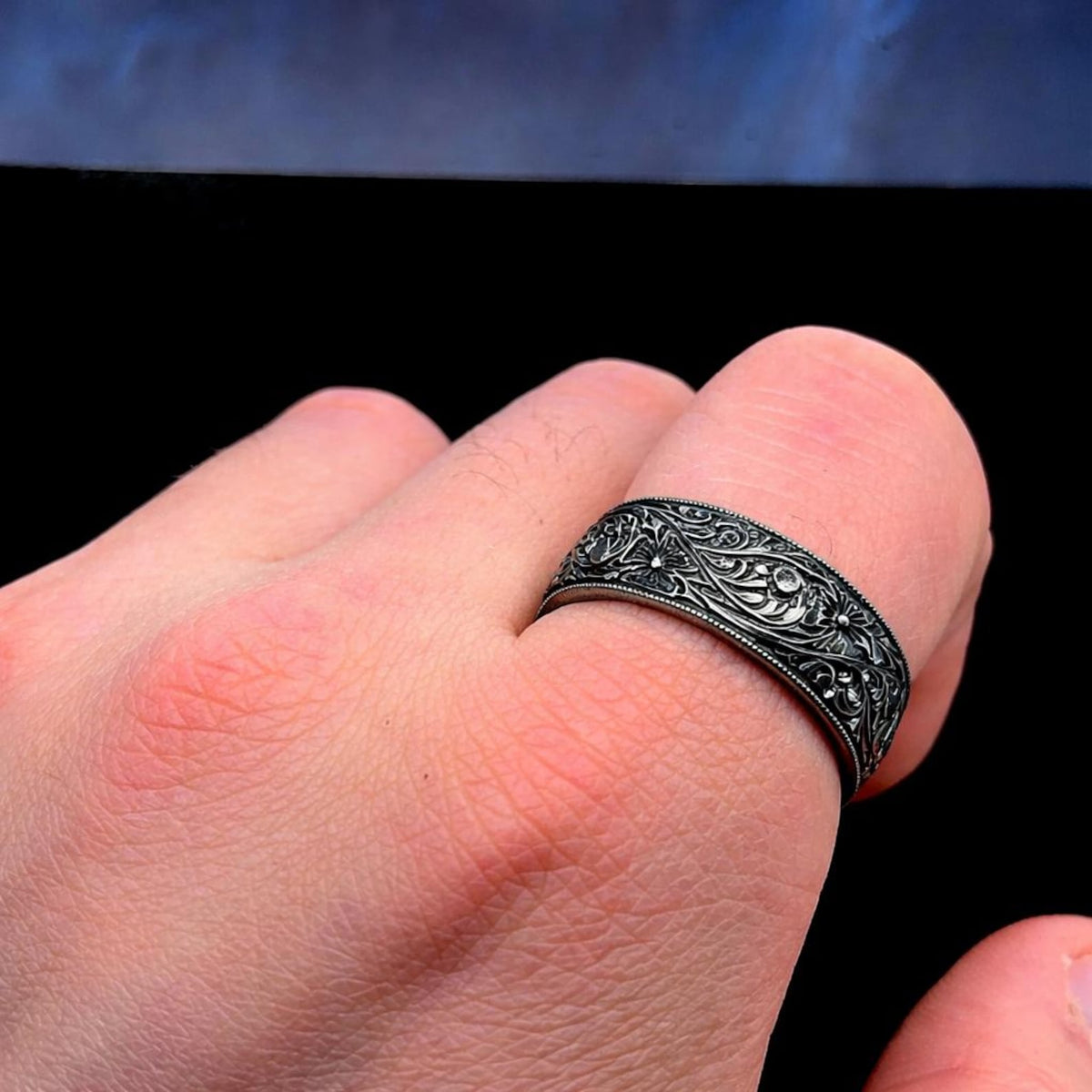 Hand Engraved Black Rhodium Band Ring, Unique Floral Wedding Band, Men Engraved Band, Unisex Wedding Band