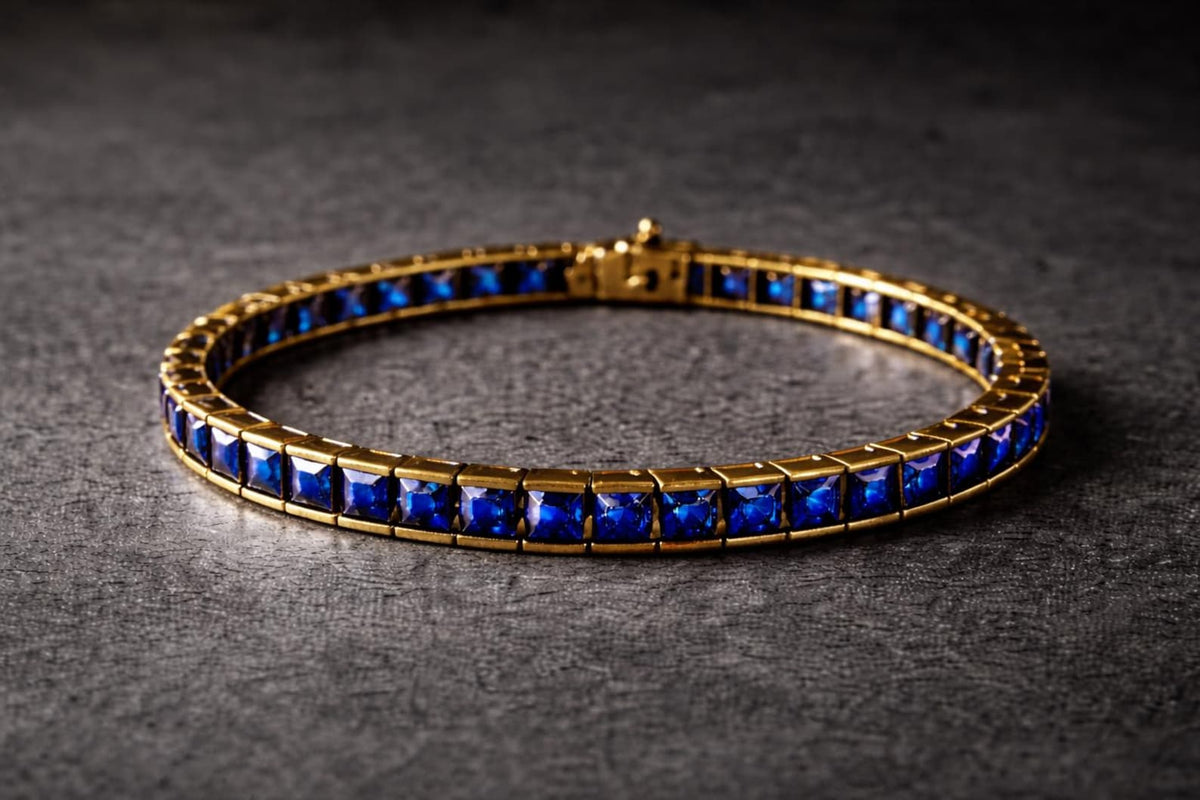 Men Gold Sapphire Tennis Bracelet, Men Elegant Gold Sapphire Bracelet