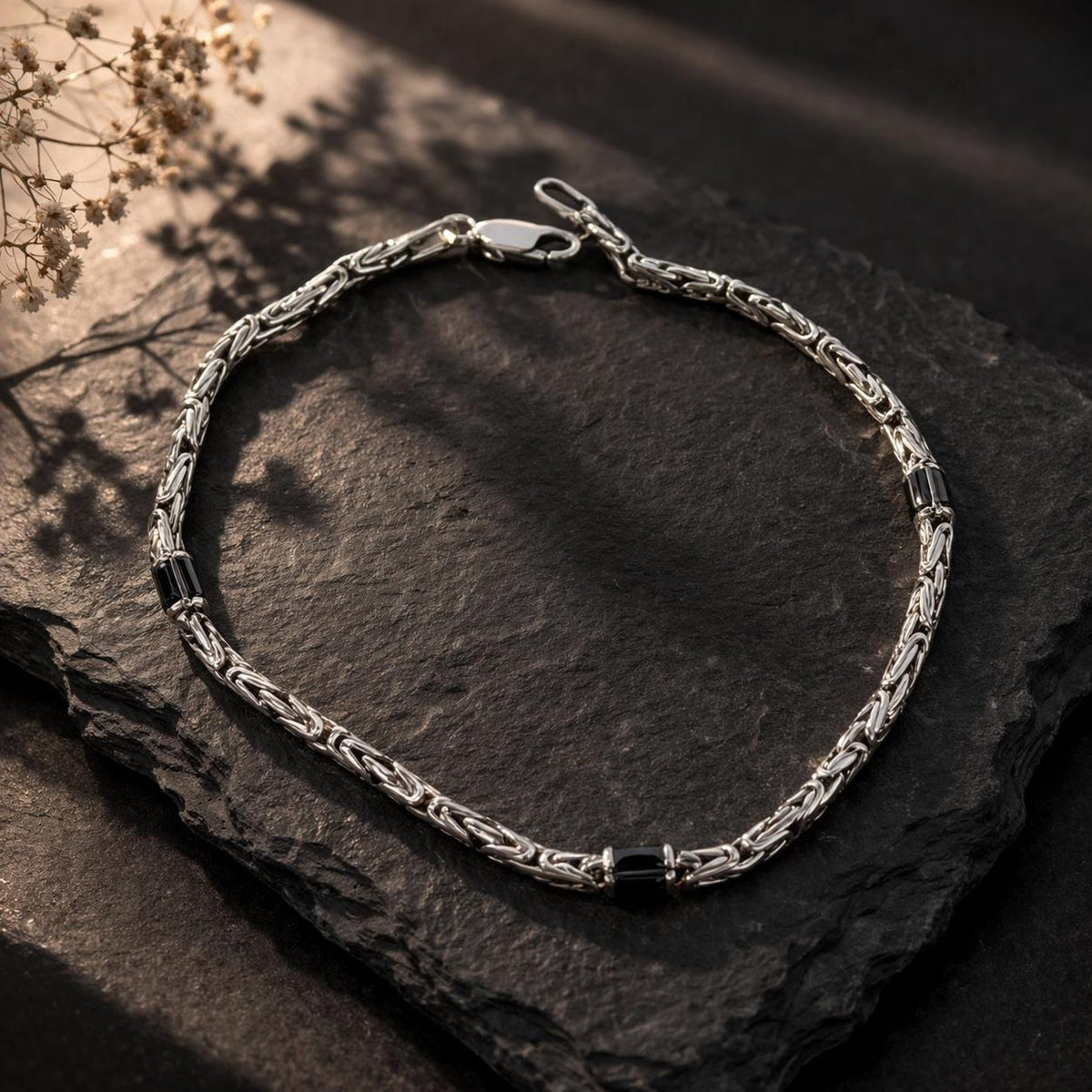 925 Sterling Silver Onyx King Chain Byzantine Bracelet