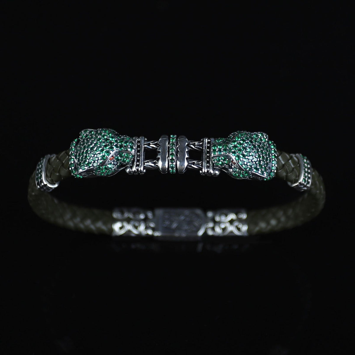 925 Sterling Silver Emerald Gemstone Panther Tiger Head Bracelet