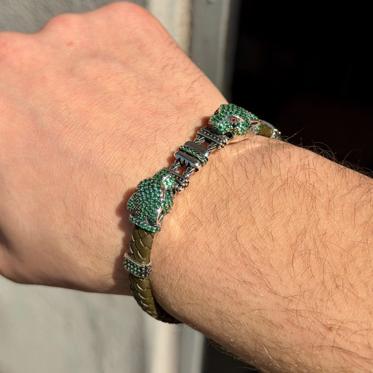 925 Sterling Silver Emerald Gemstone Panther Tiger Head Bracelet