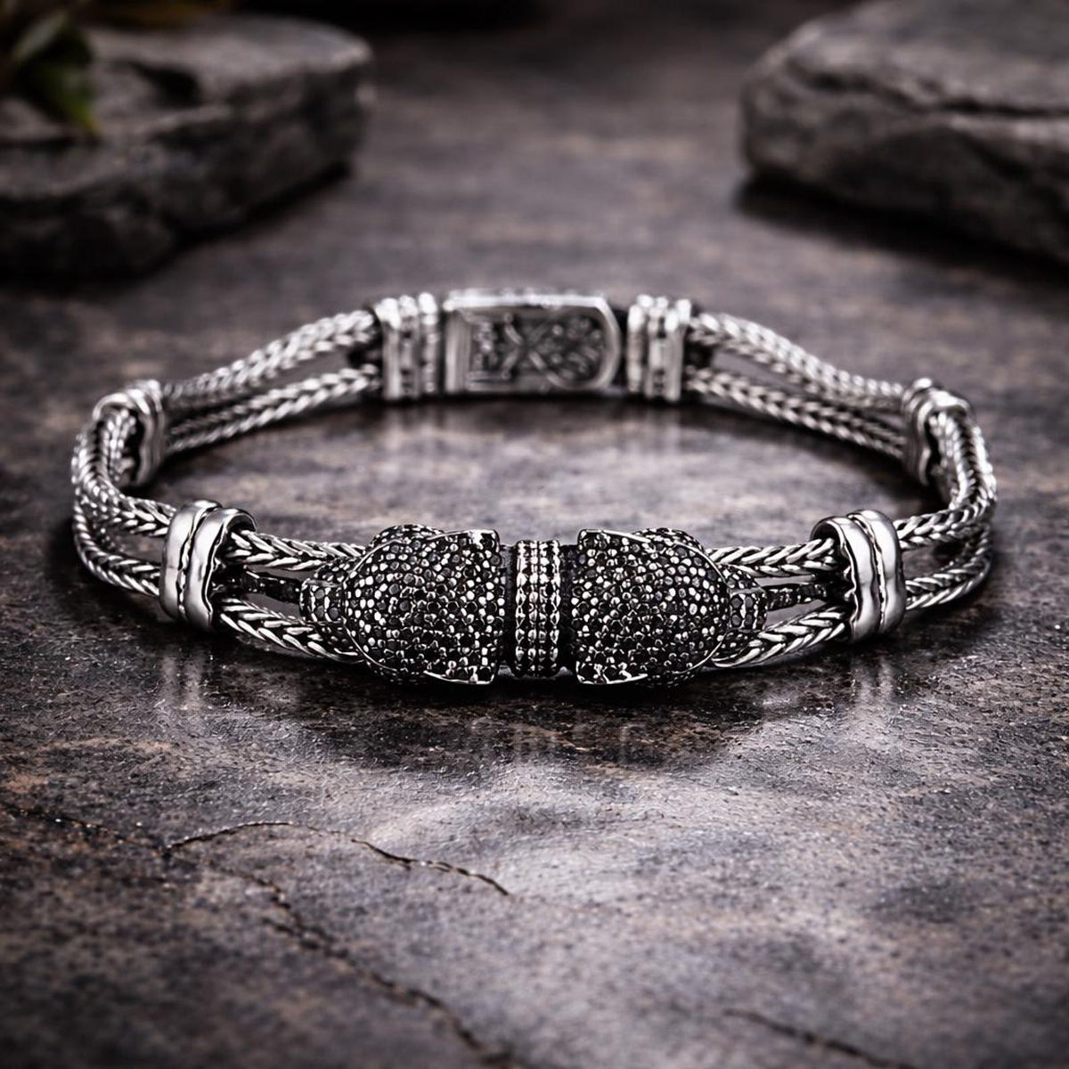 925 Silver Panther Head Chain Black Diamond Bracelet