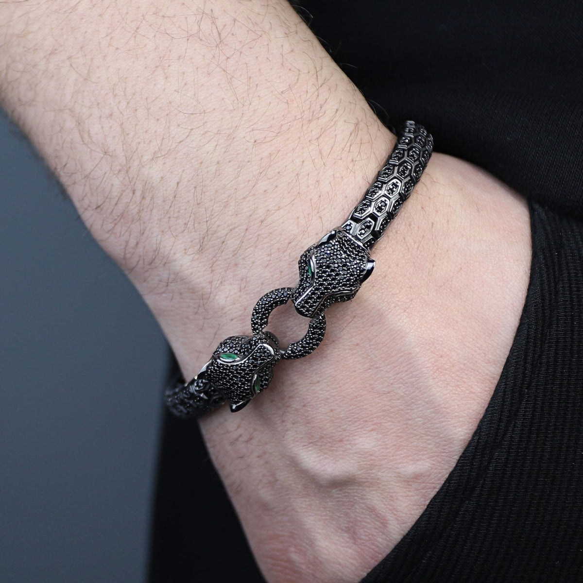 925 Silver Panther Tiger Head Bracelet Emerald Eyes Diamond Men Snake Luxury Bracelet