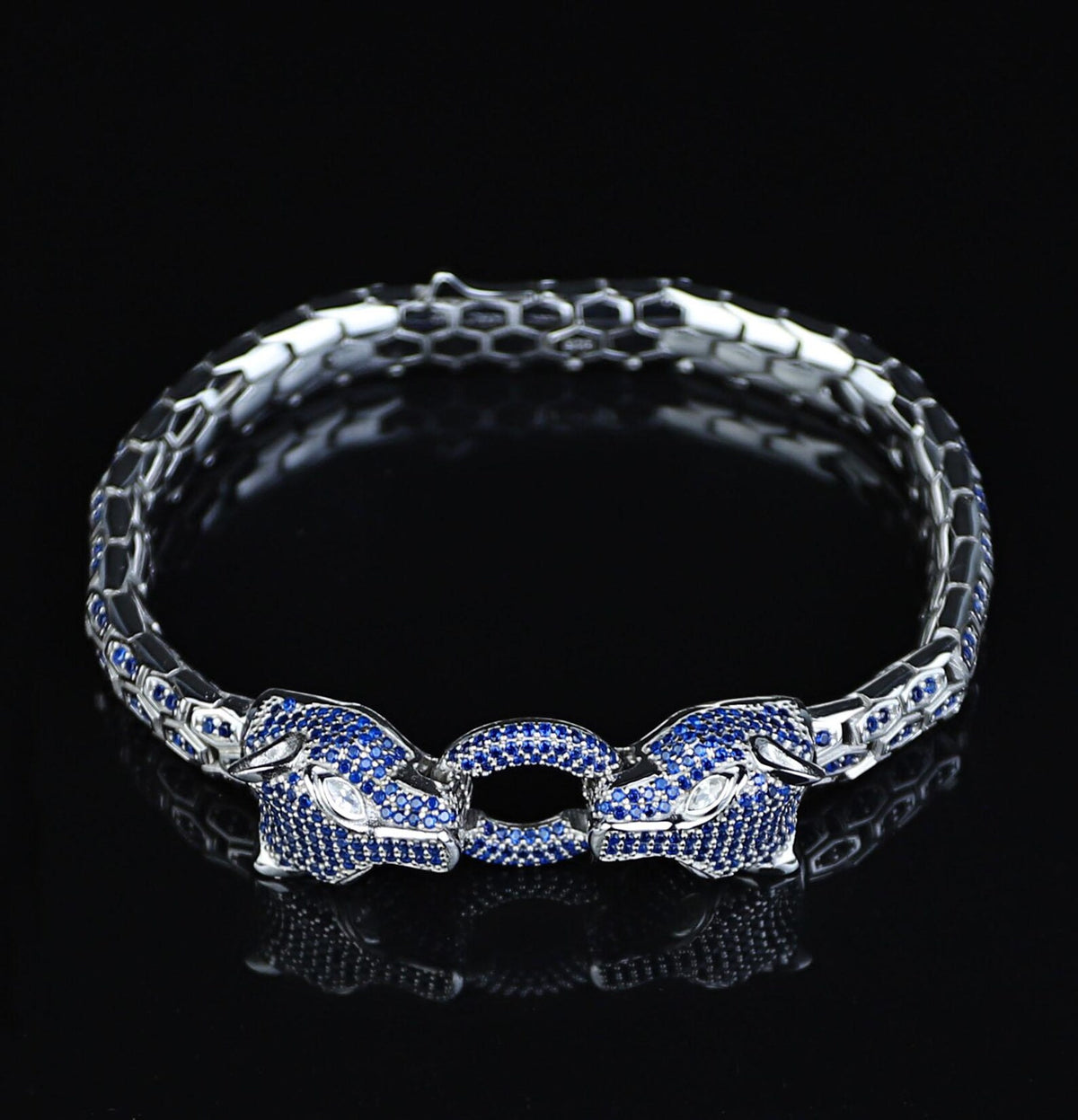 925 Silver Sapphire Gemstone Panther Head Snake Chain Bracelet