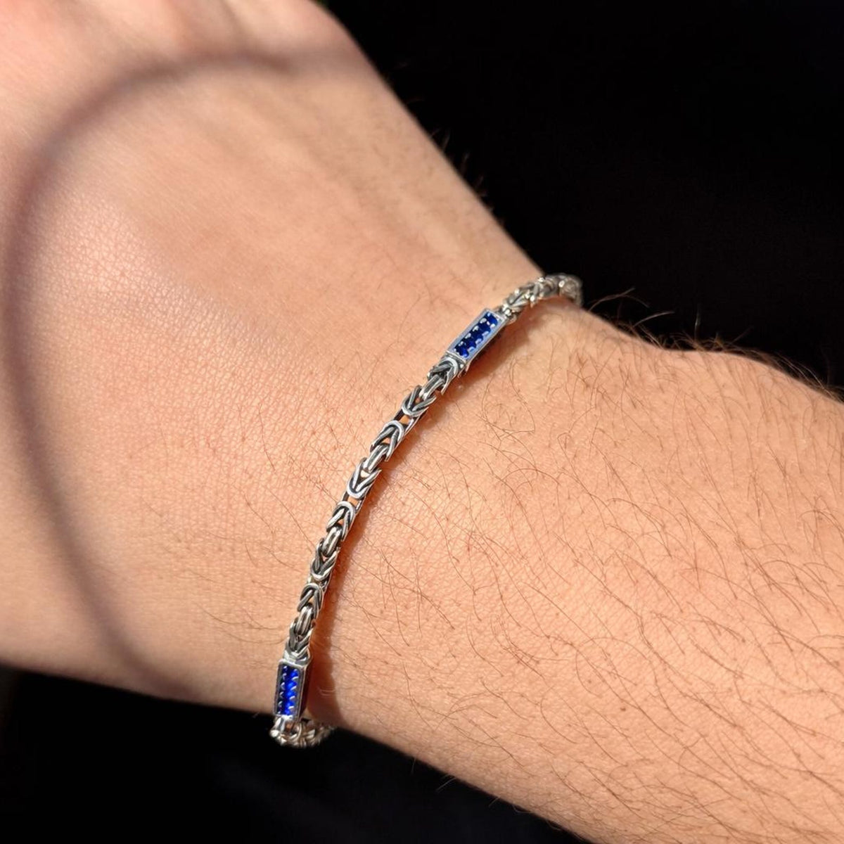 925 Silver Sapphire Stone Byzantine King Chain Bracelet