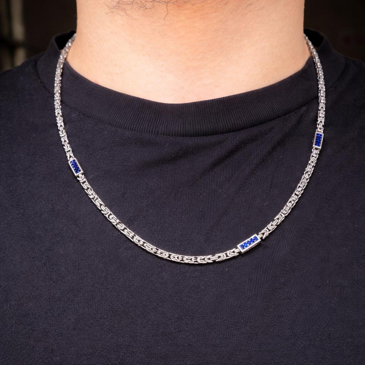 Men Sapphire Gemstone Byzantine King Chain Necklace