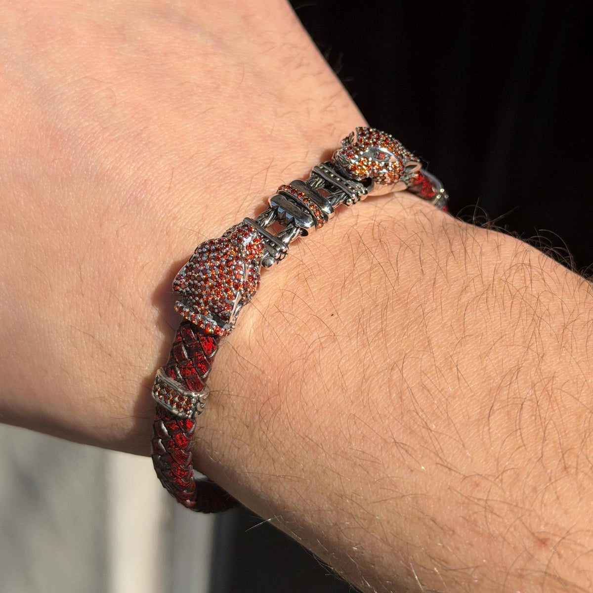 925 Silver Handmade Ruby Gemstone Panther Leather Bracelet