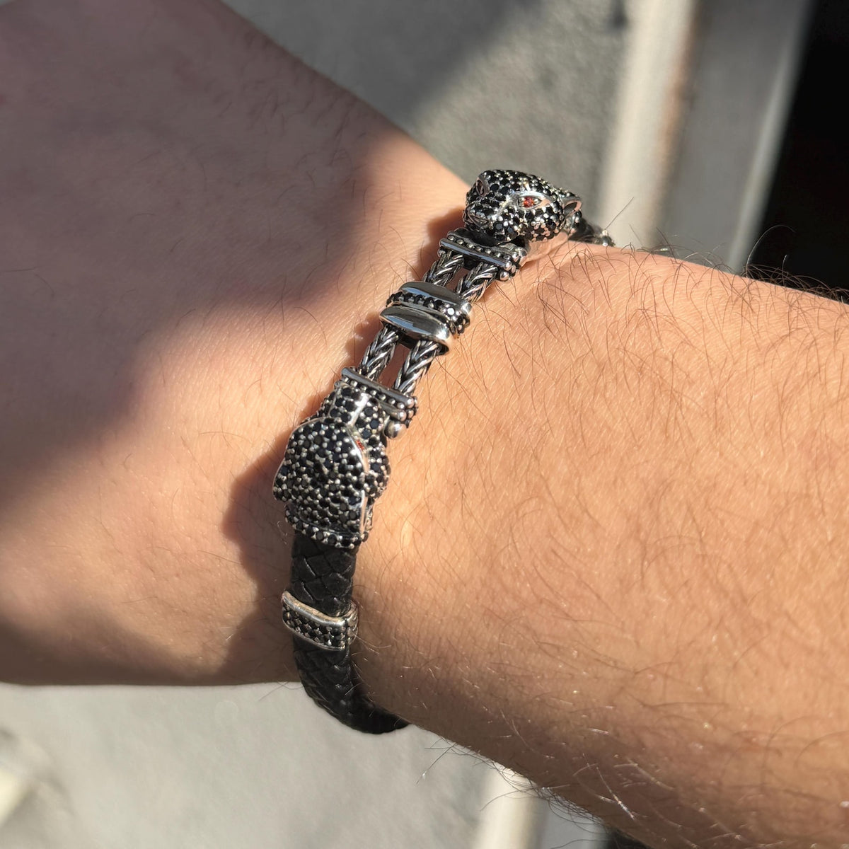 925 Silver Cz Black Diamond Panther Head Leather Bracelet