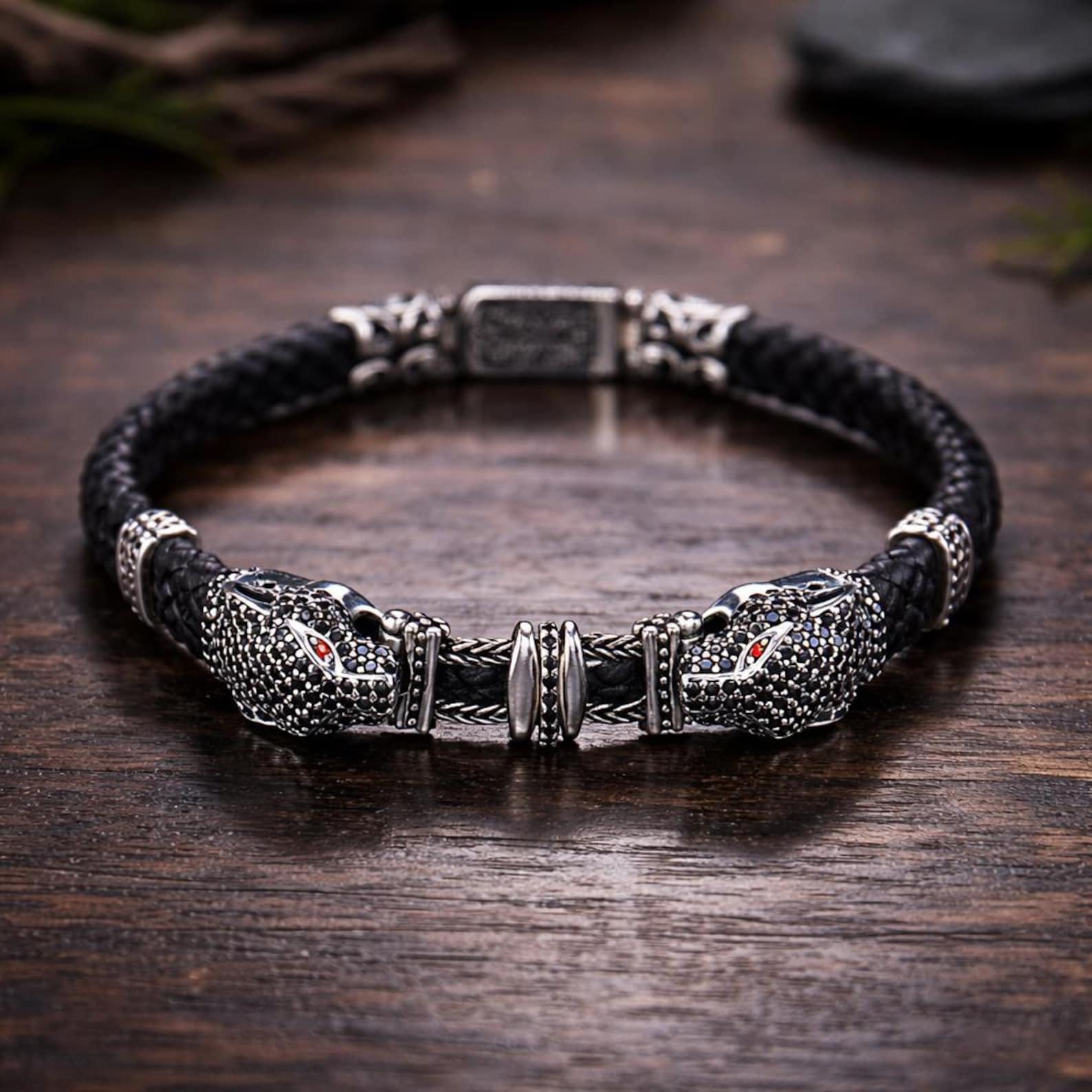 925 Silver Cz Black Diamond Panther Head Leather Bracelet