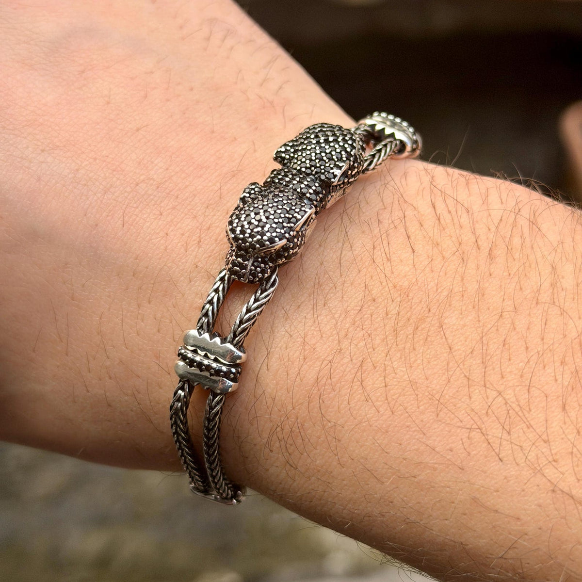 925 Silver Panther Head Chain Black Diamond Bracelet
