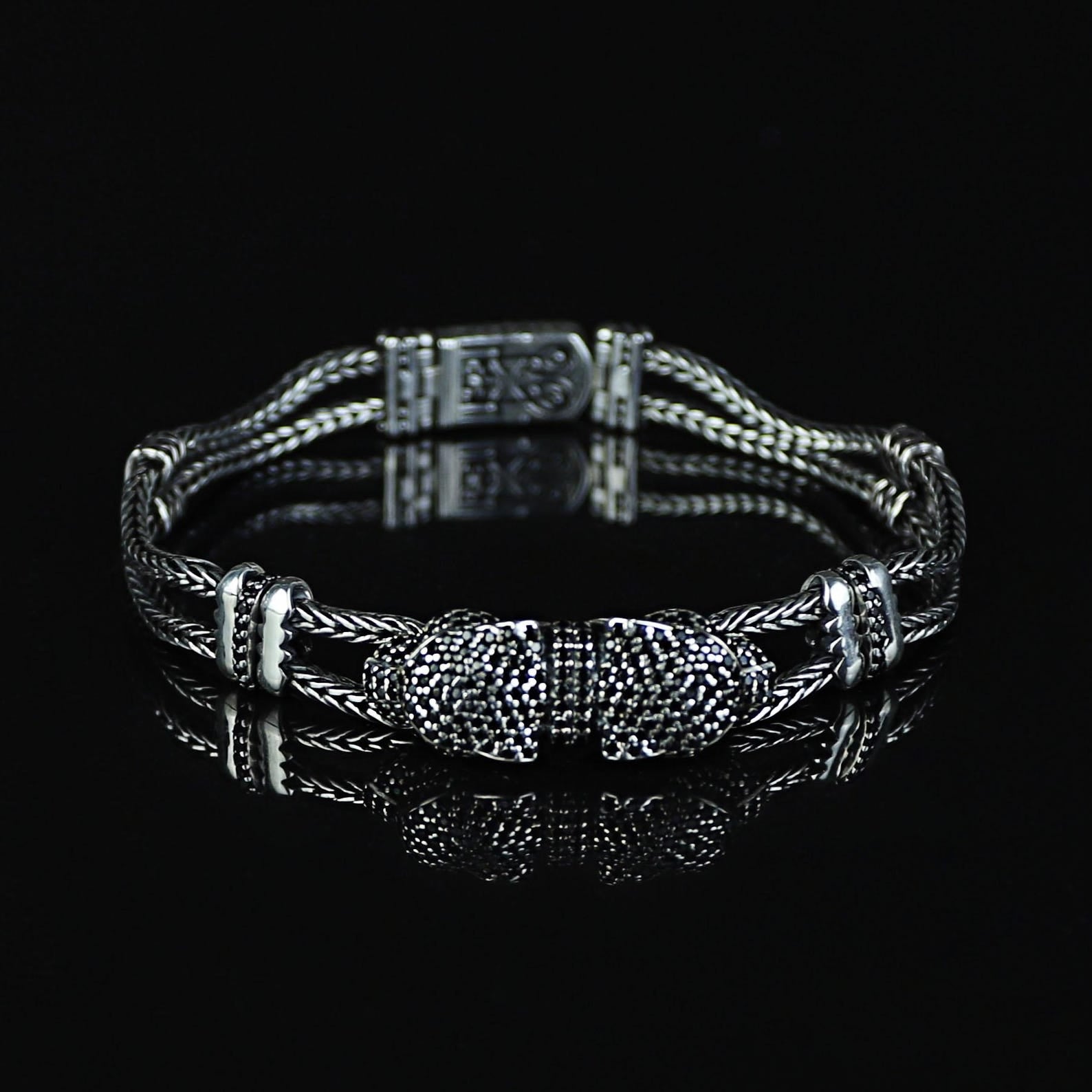 925 Silver Panther Head Chain Black Diamond Bracelet