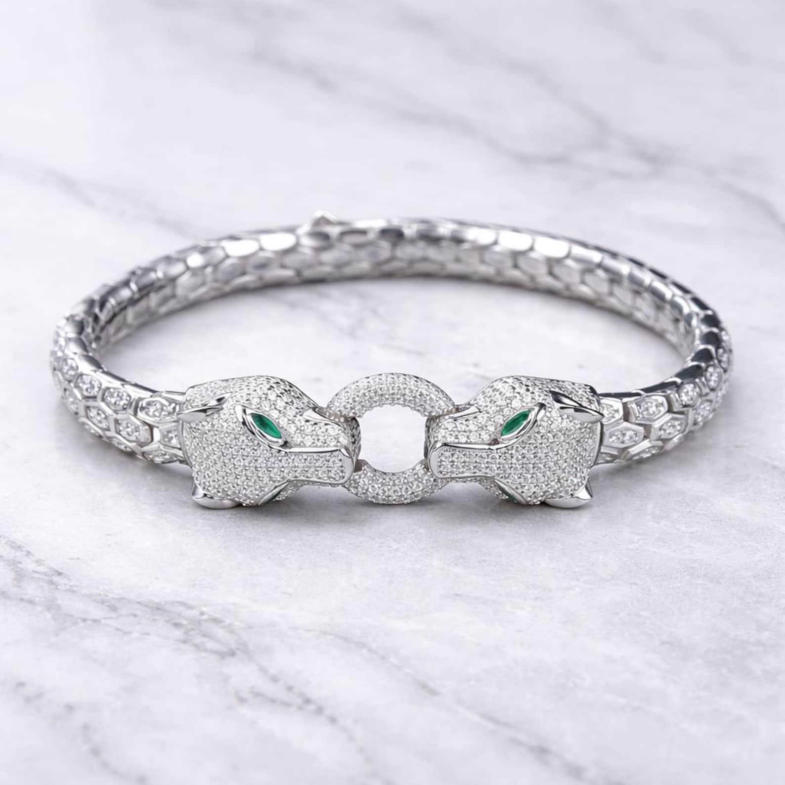 925 Silver Double Panther Head Bracelet Iced Out Snake Panther Bracelet