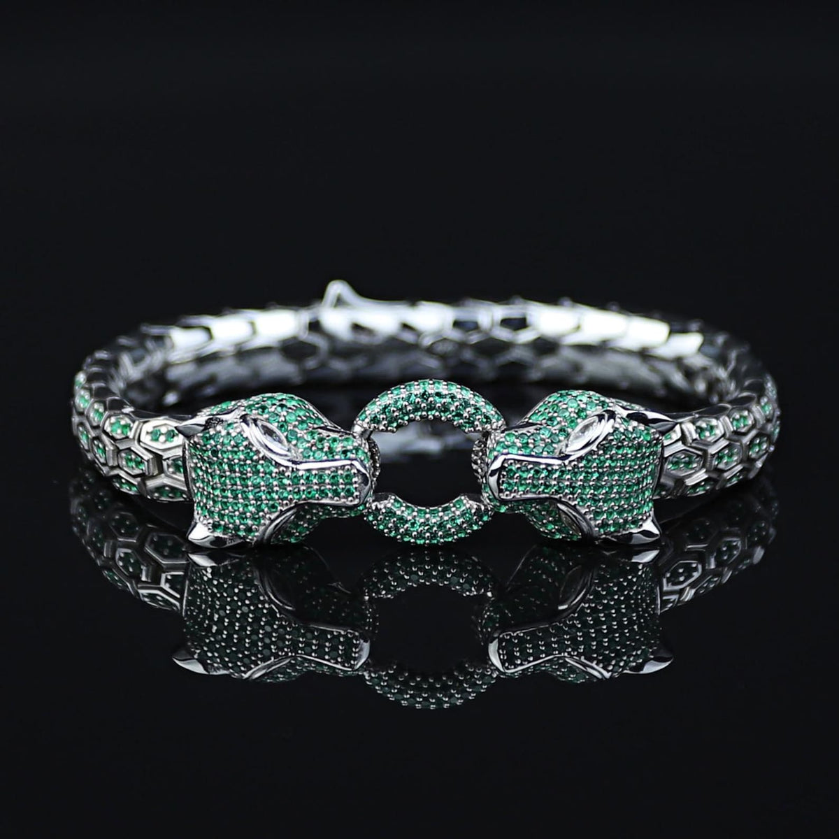 925 Sterling Silver Python Emerald Wildcat Panther Bracelet