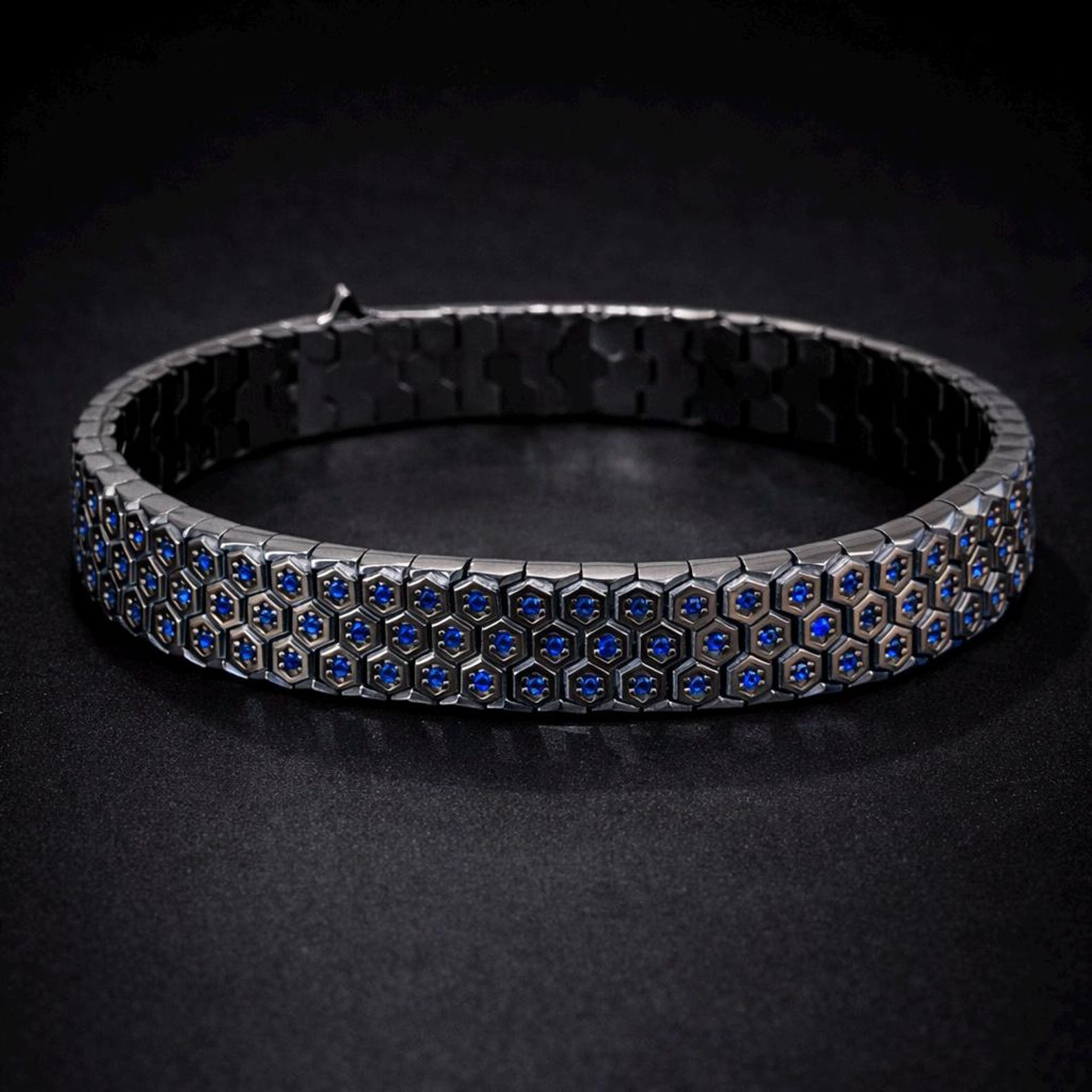 925 Sterling Silver Black Rhodium Sapphire Snake Chain Bracelet