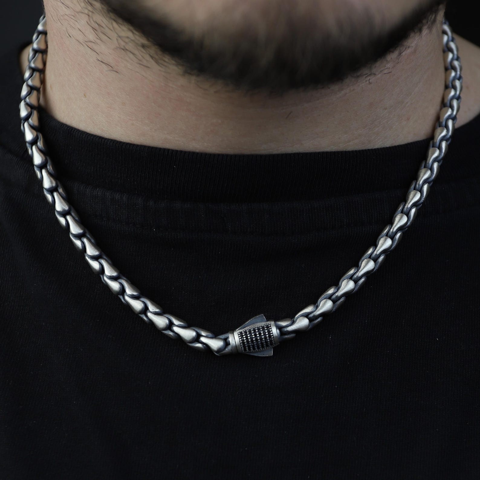 Men 925 Silver Snake Black Onyx Stone 6mm Men Chain Necklace