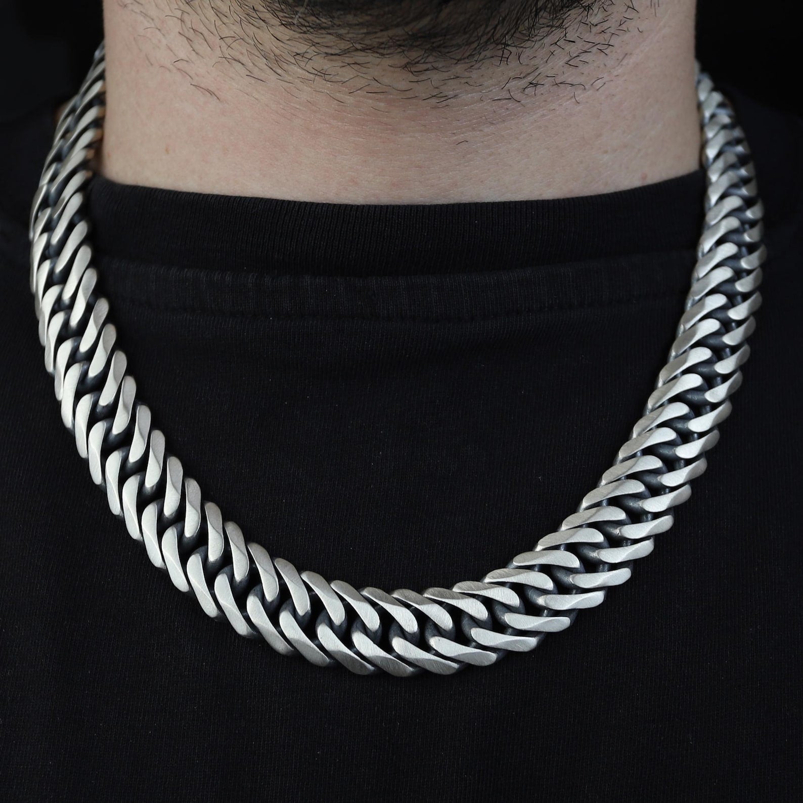 925 Silver Solid Heavy 17MM Curb Chain Oxidized Necklace