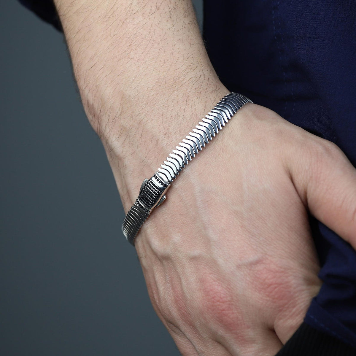 925 Sterling Silver Onyx Gemstone Chain Snake Bracelet