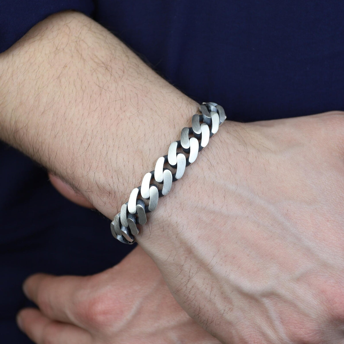 925 Silver Black Onyx Curb Chain 10MM Chain Link Bracelet