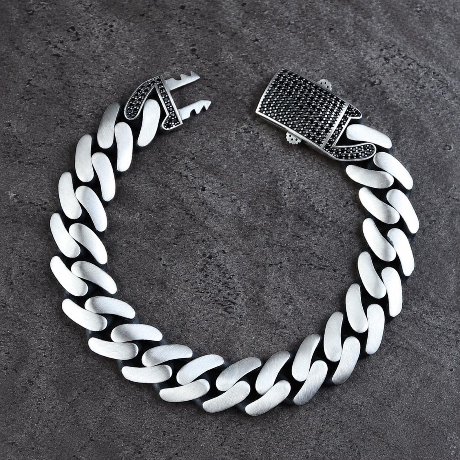 925 Silver Black Onyx Curb Chain 10MM Chain Link Bracelet