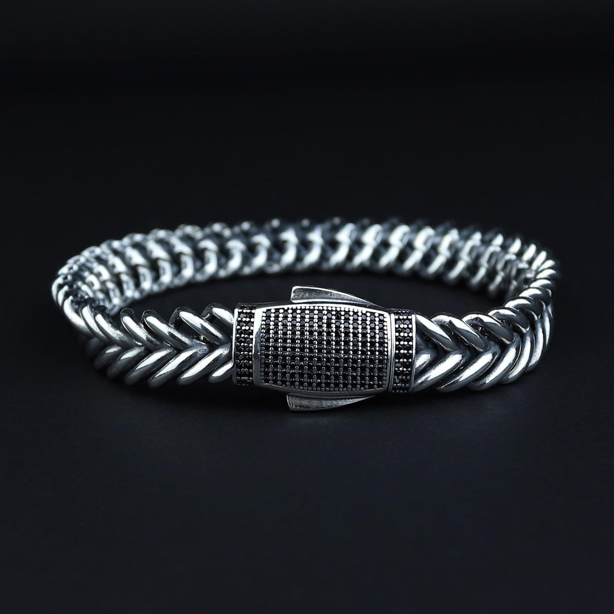925 Sterling Silver 10MM Chain Black Diamond Men Chain Bracelet