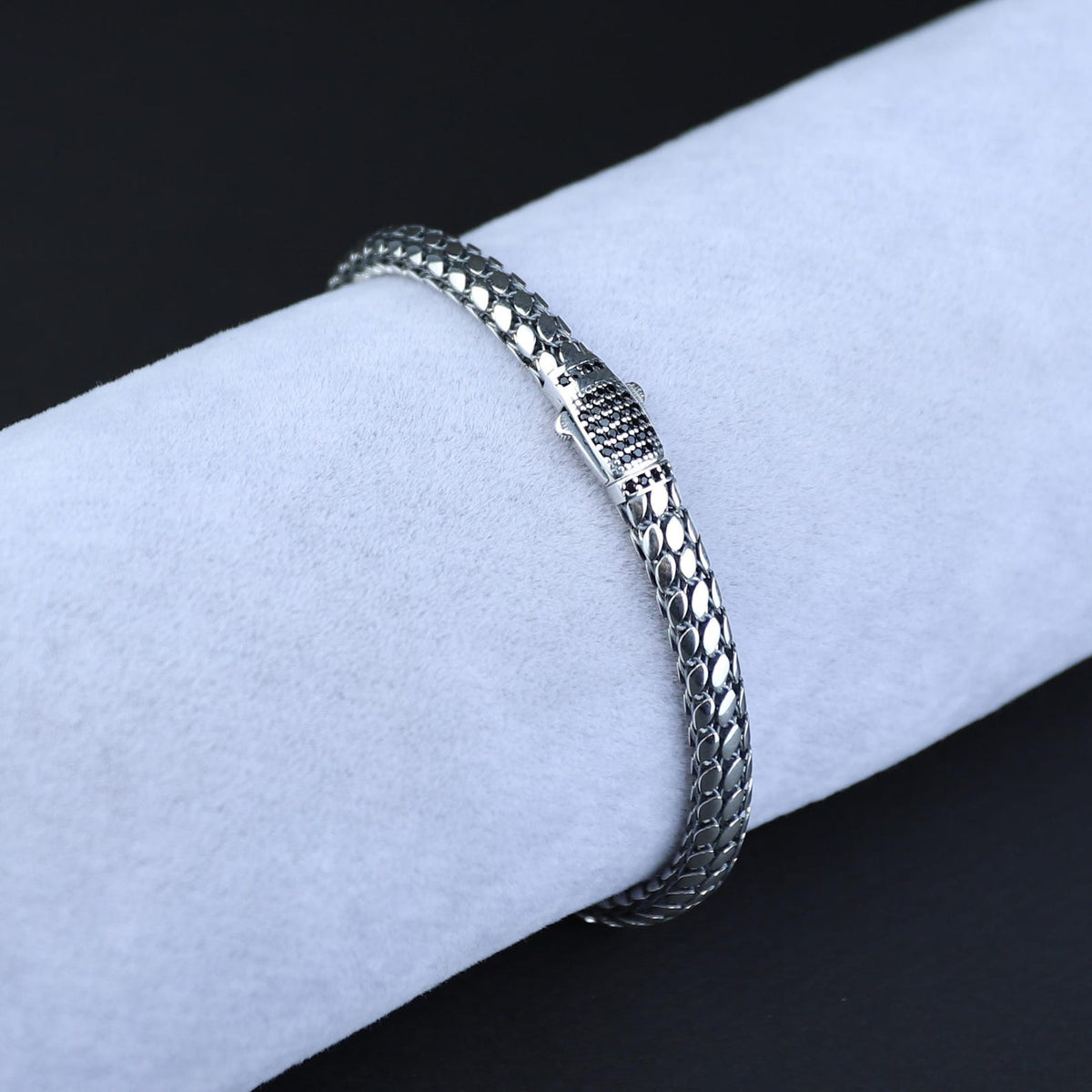 925 Silver Onyx Stone Popcorn Chain Link Bracelet Black Stone Snake Bracelet