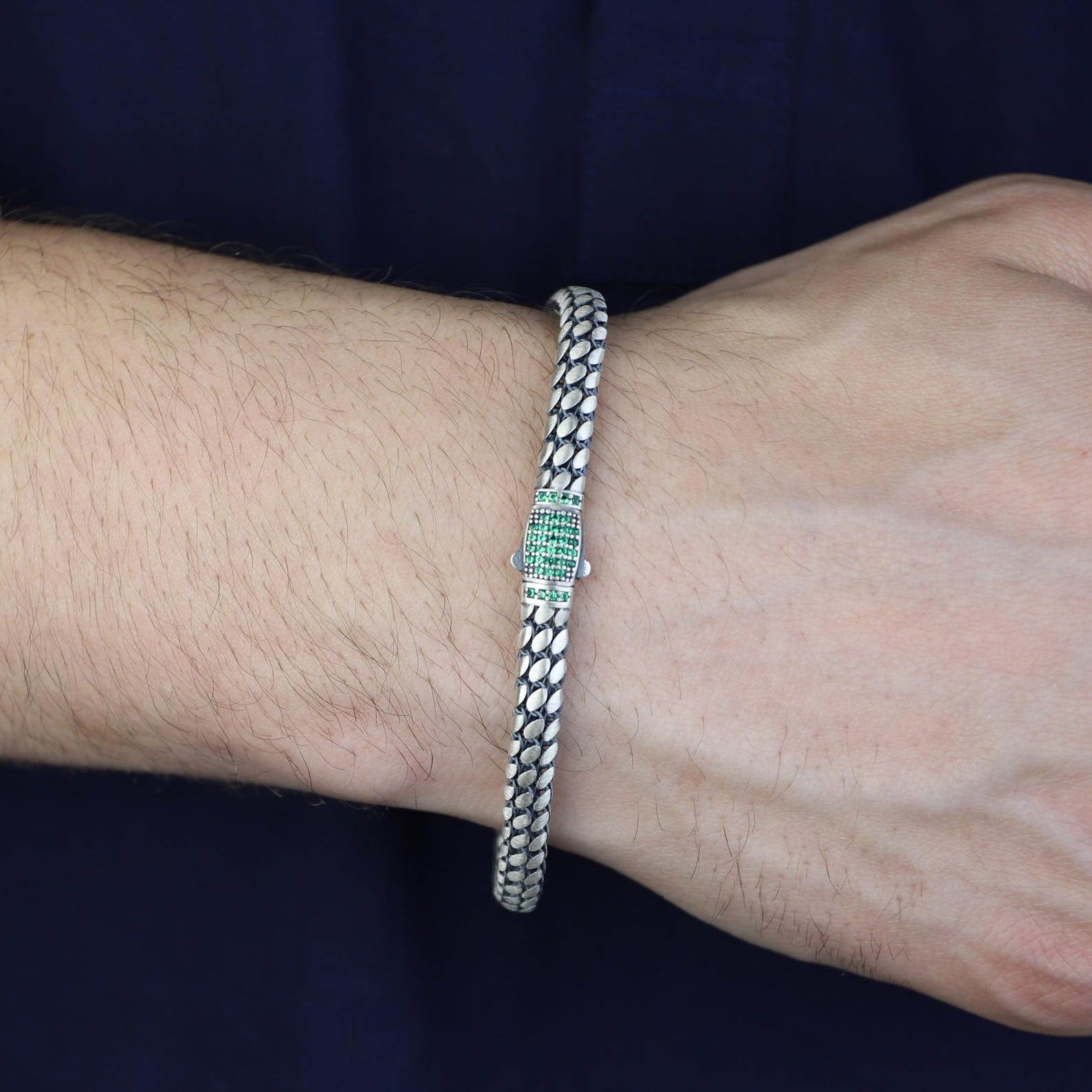 Men Silver Emerald Stone Popcorn Chain Bracelet