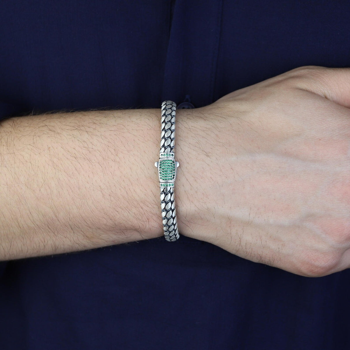 Men Silver Emerald Chain Bracelet, 5MM Popcorn Chain Luxury Bracelet
