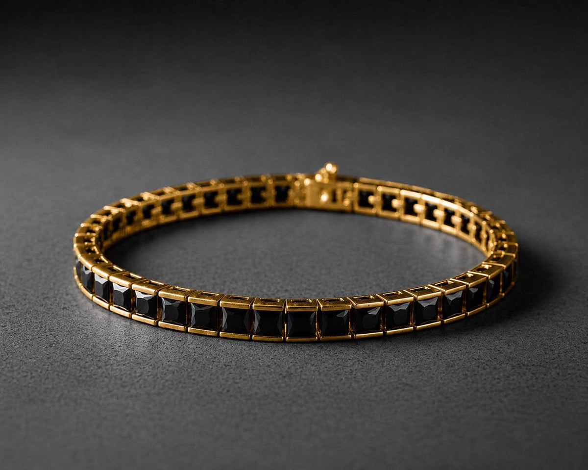 Men Gold Square Black Diamond Men Black Diamond Tennis Bracelet