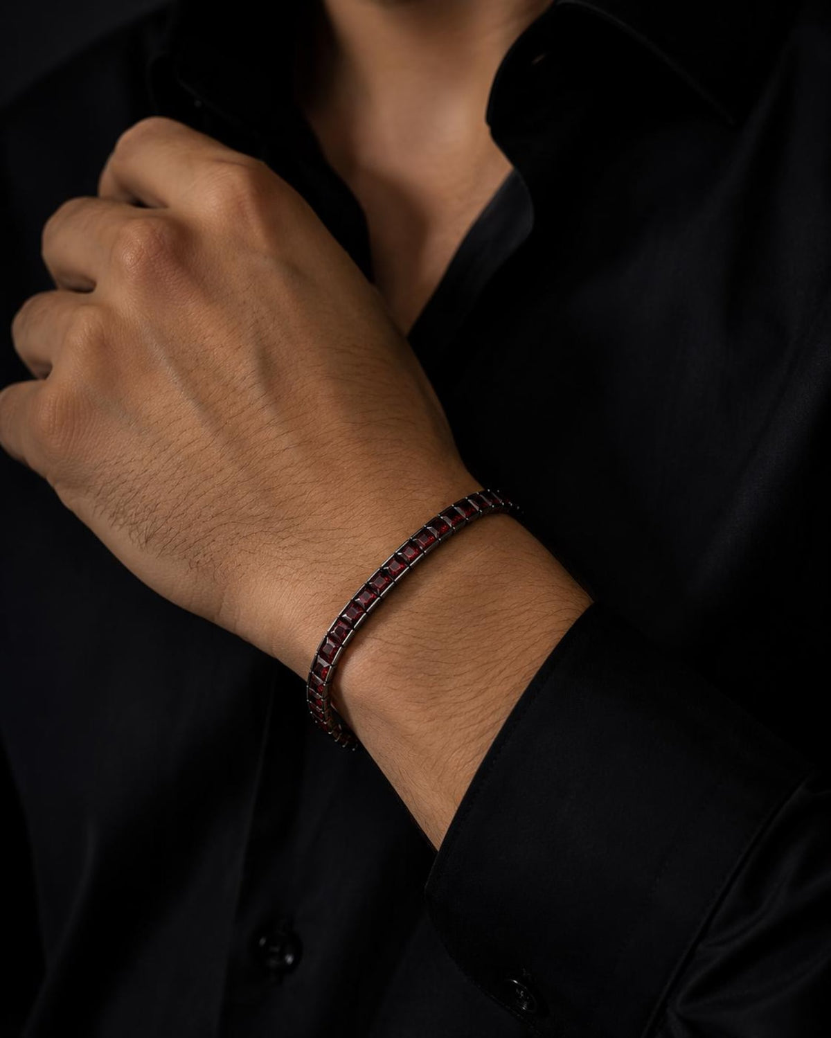 Men Silver Ruby Gemstone Bracelet, Elegant Square Ruby Tennis Bracelet