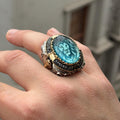 Silver Aquamarine Stone Leon Signet Ring, Wolf Figured Signet Ring, King Leon Signet Ring, Large Silver Ring, Blue Stone Men Ring