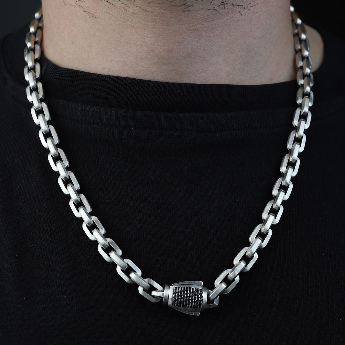 Men 925 Silver Handmade Black Onyx Stone Curb Box Chain Necklace