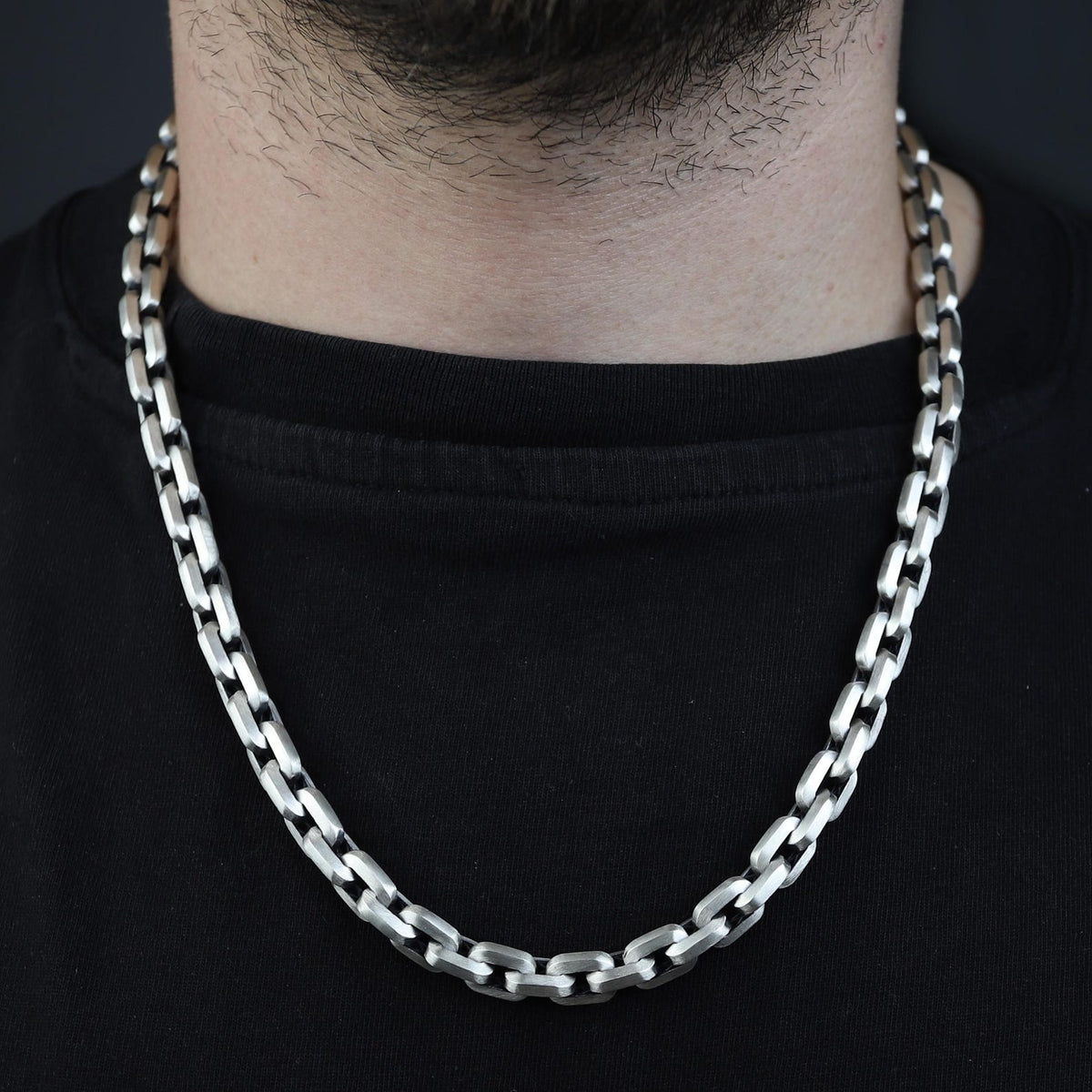 Men 925 Silver Handmade Black Onyx Stone Curb Box Chain Necklace