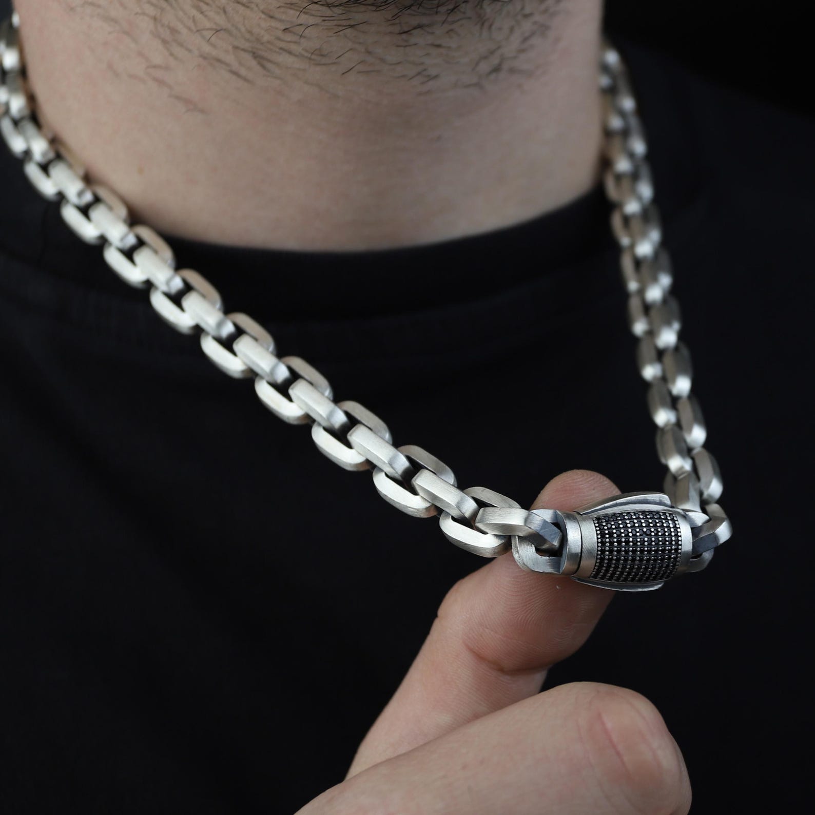925K Sterling Silver Onyx Stone Oxidized 10mm Rope Chain Necklace