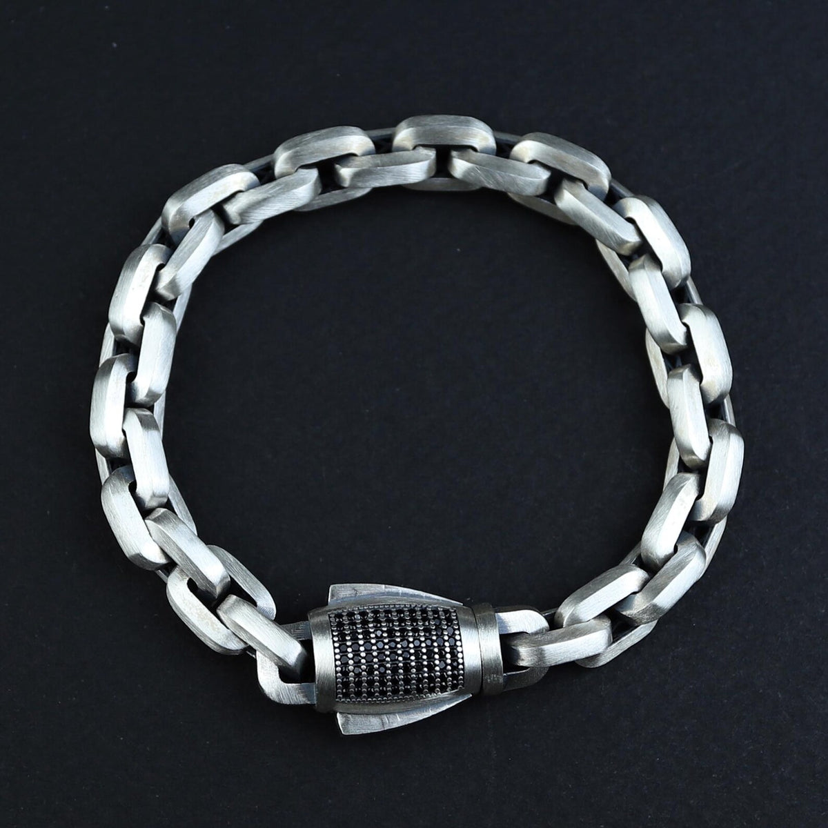 Sterling Silver Cable Solid Silver Onyx Stone Chain Bracelet