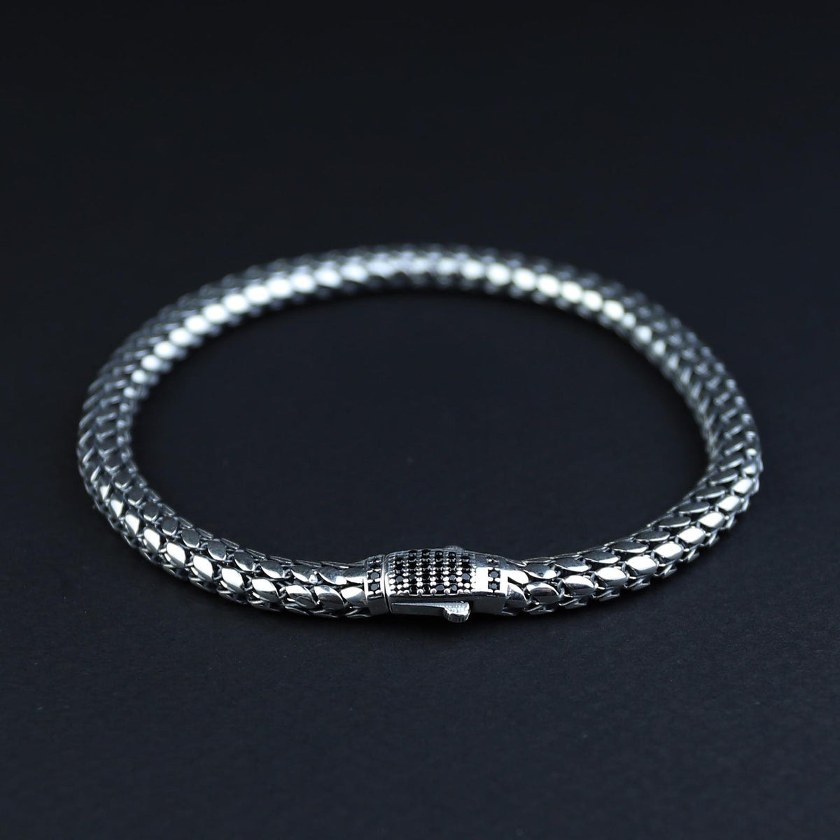 925 Silver Onyx Stone Popcorn Chain Link Bracelet Black Stone Snake Bracelet