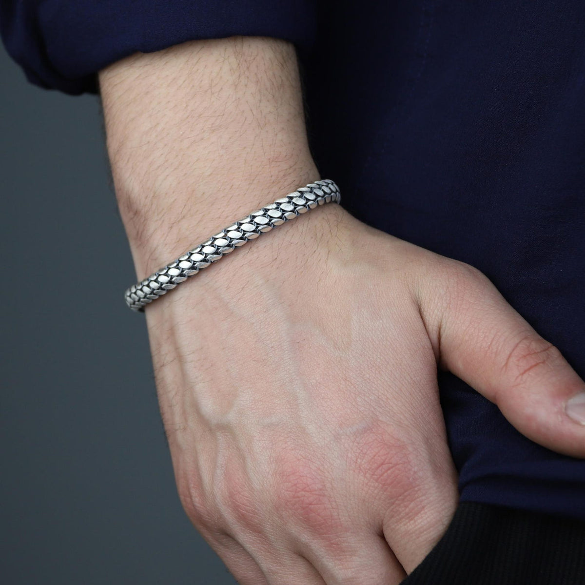 Men Silver Stone Popcorn 5MM Chain Link Bracelet