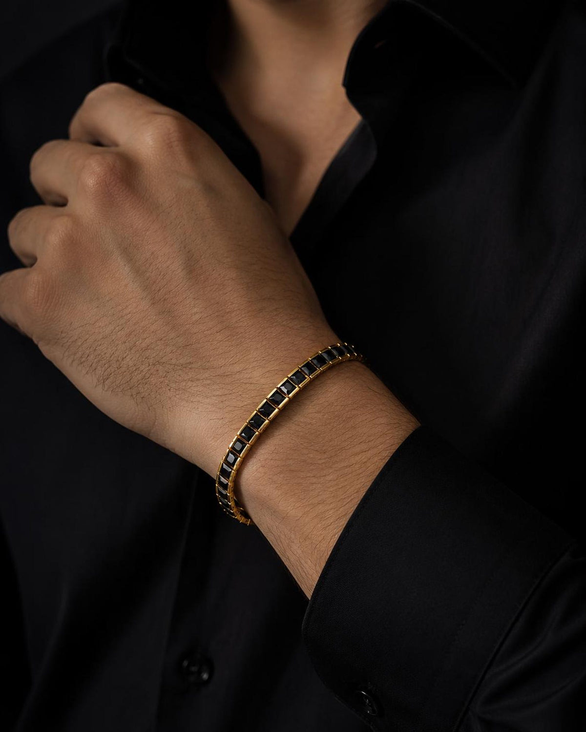 Men Gold Square Black Diamond Men Black Diamond Tennis Bracelet