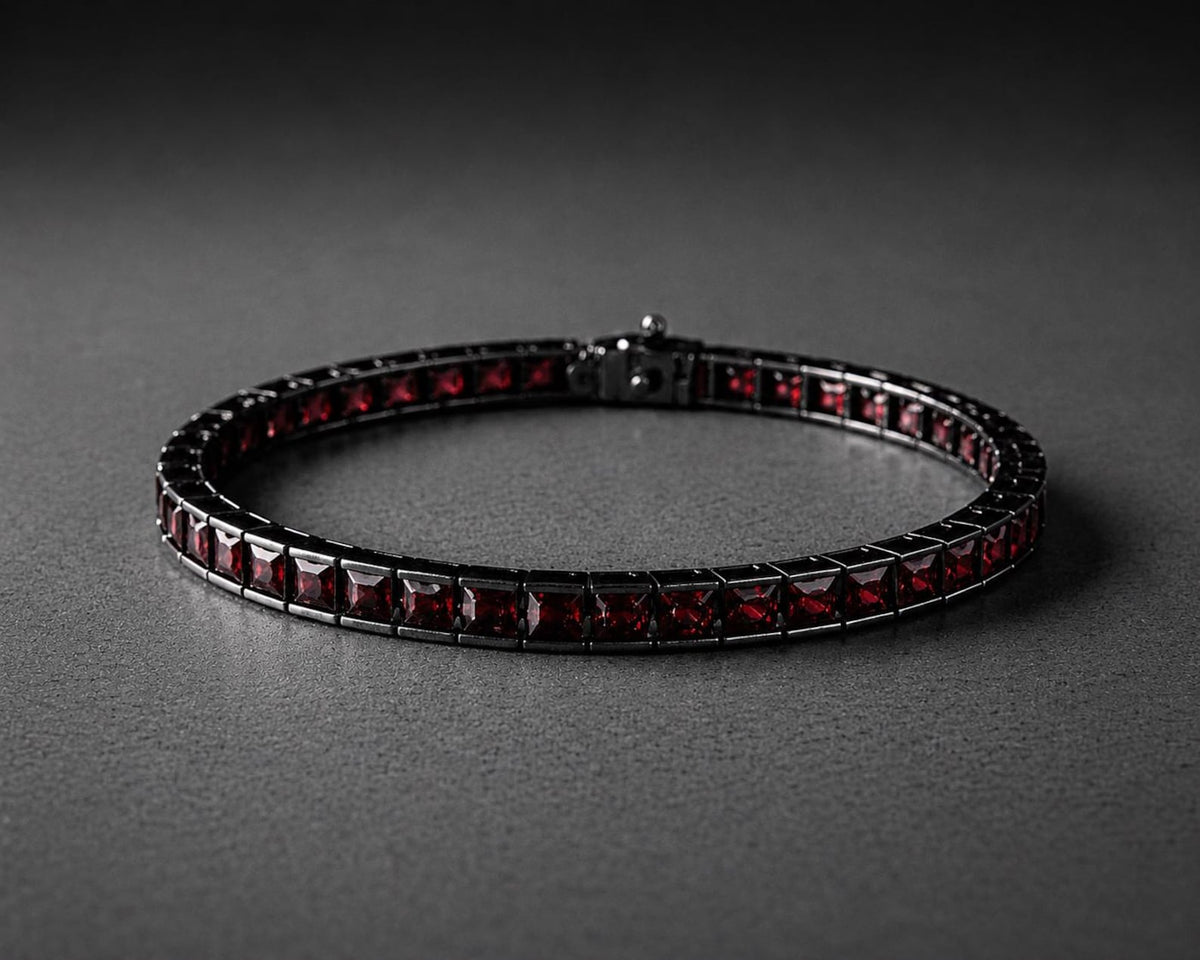 Men Silver Ruby Gemstone Bracelet, Elegant Square Ruby Tennis Bracelet