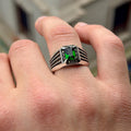 Men Silver Emerald Stone Ring, Minimal Engraved Emerald Turkish Handmade Ring, Ottoman Style Ring