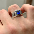 925 Silver Men's Sapphire Stone Ring, Engraved Minimal Blue Square Ring, Turkısh Handmade Ring, Ottoman Style Ring