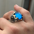 925 Men Silver Aquamarine Ring, Handmade Natural Blue Aquamarine Ring, Turkish Men Engraved Ring, Vintage Mens Ring