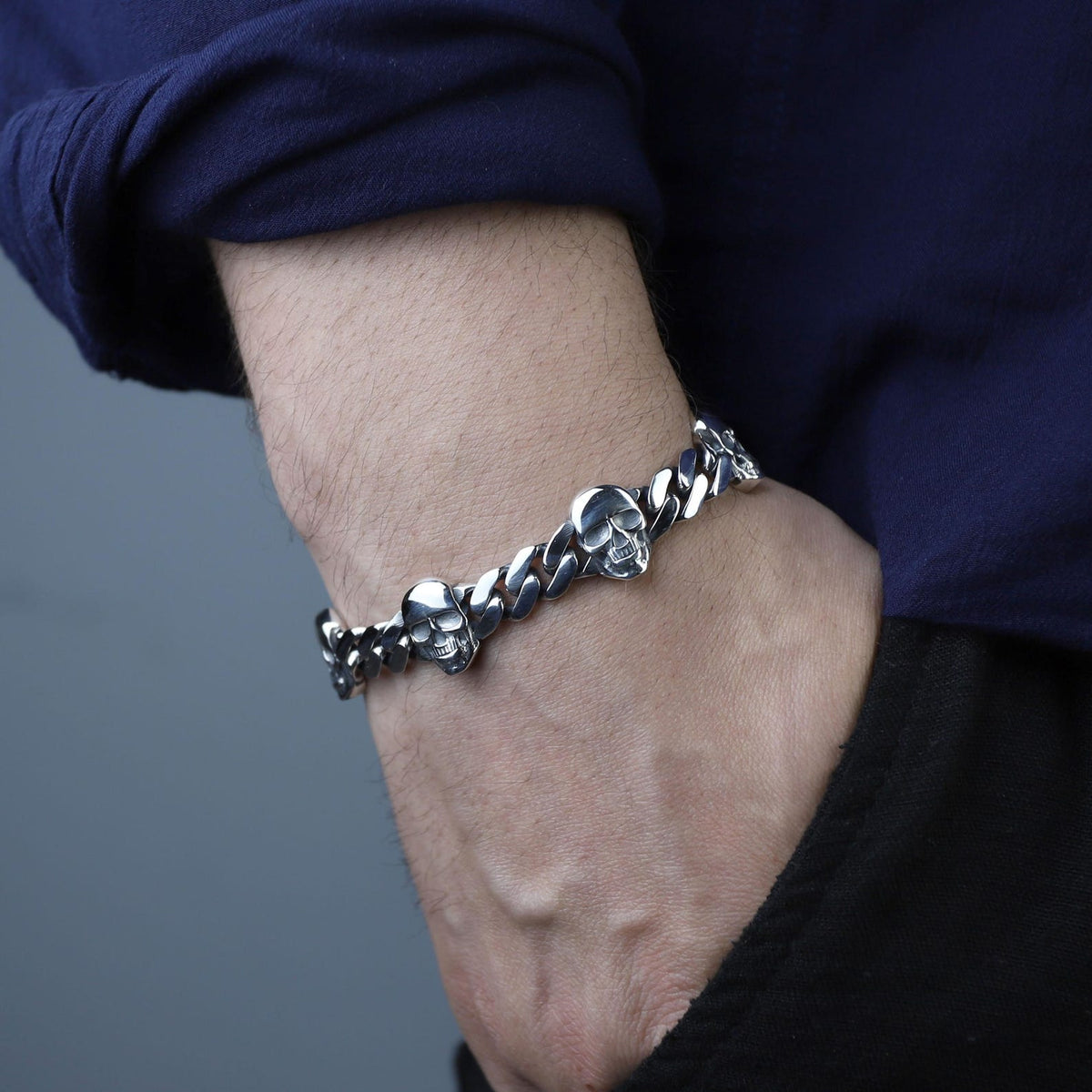 925 Solid Silver Skull Chain Gothic Biker Skull Head Link Bracelet