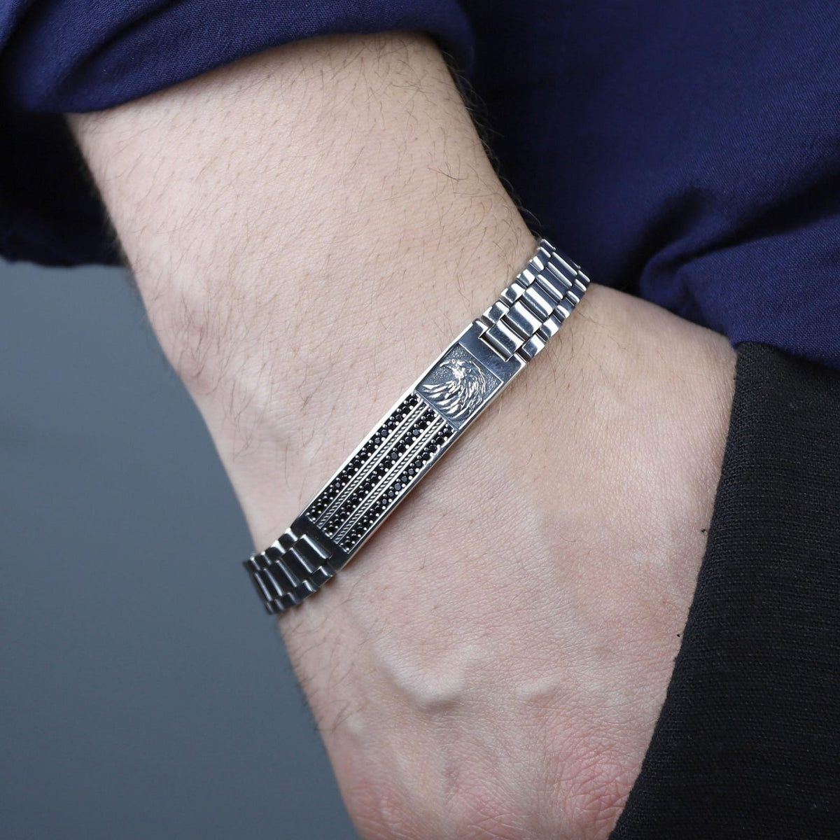 925 Sterling Silver Eagle Onyx Bracelet Men Handmade 10MM Watch Chain Gift