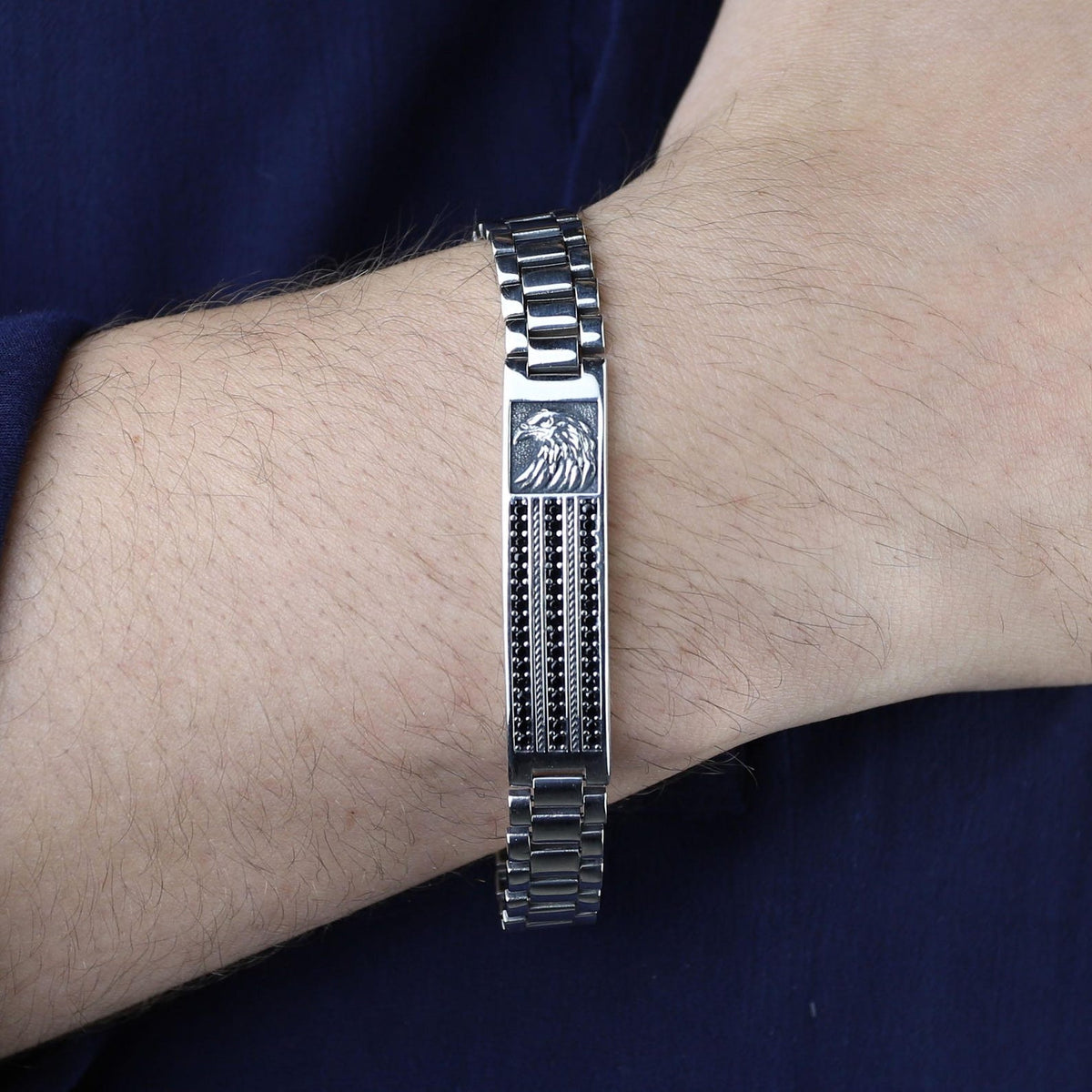 925 Sterling Silver Eagle Onyx Bracelet Men Handmade 10MM Watch Chain Gift