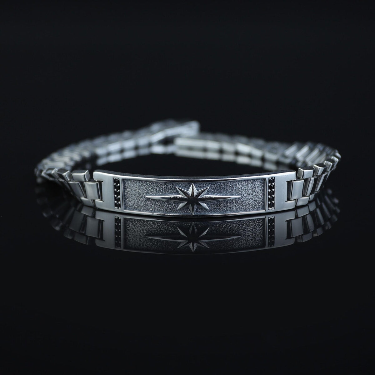 925 Sterling Silver North Star Bracelet Men Handmade Watch Chain Black Stone
