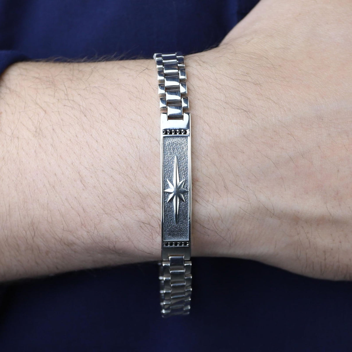 925 Sterling Silver North Star Bracelet Men Handmade Watch Chain Black Stone