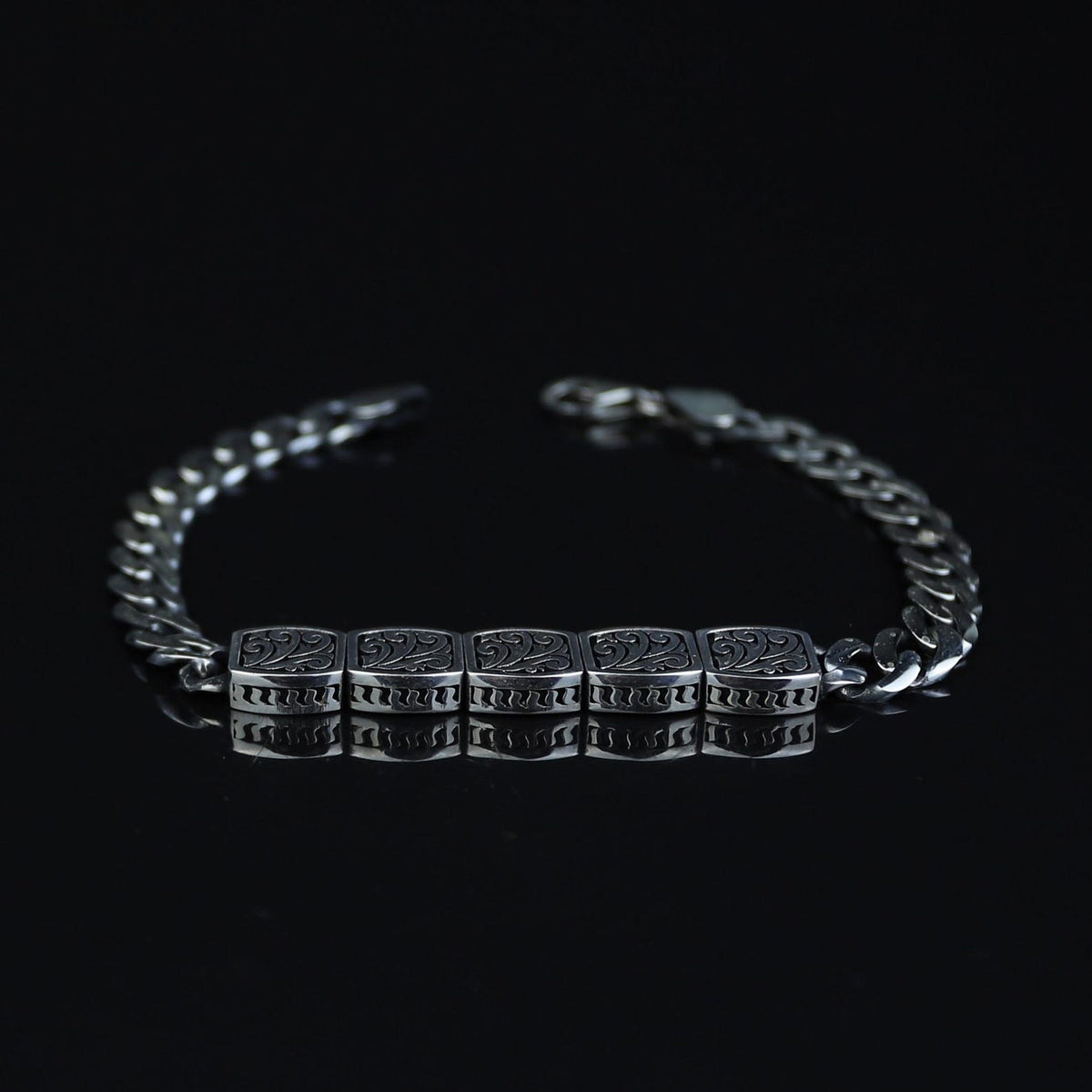 925 Sterling Silver Cuban Chain Bracelet Men Handmade Engraved Curb Link Gift