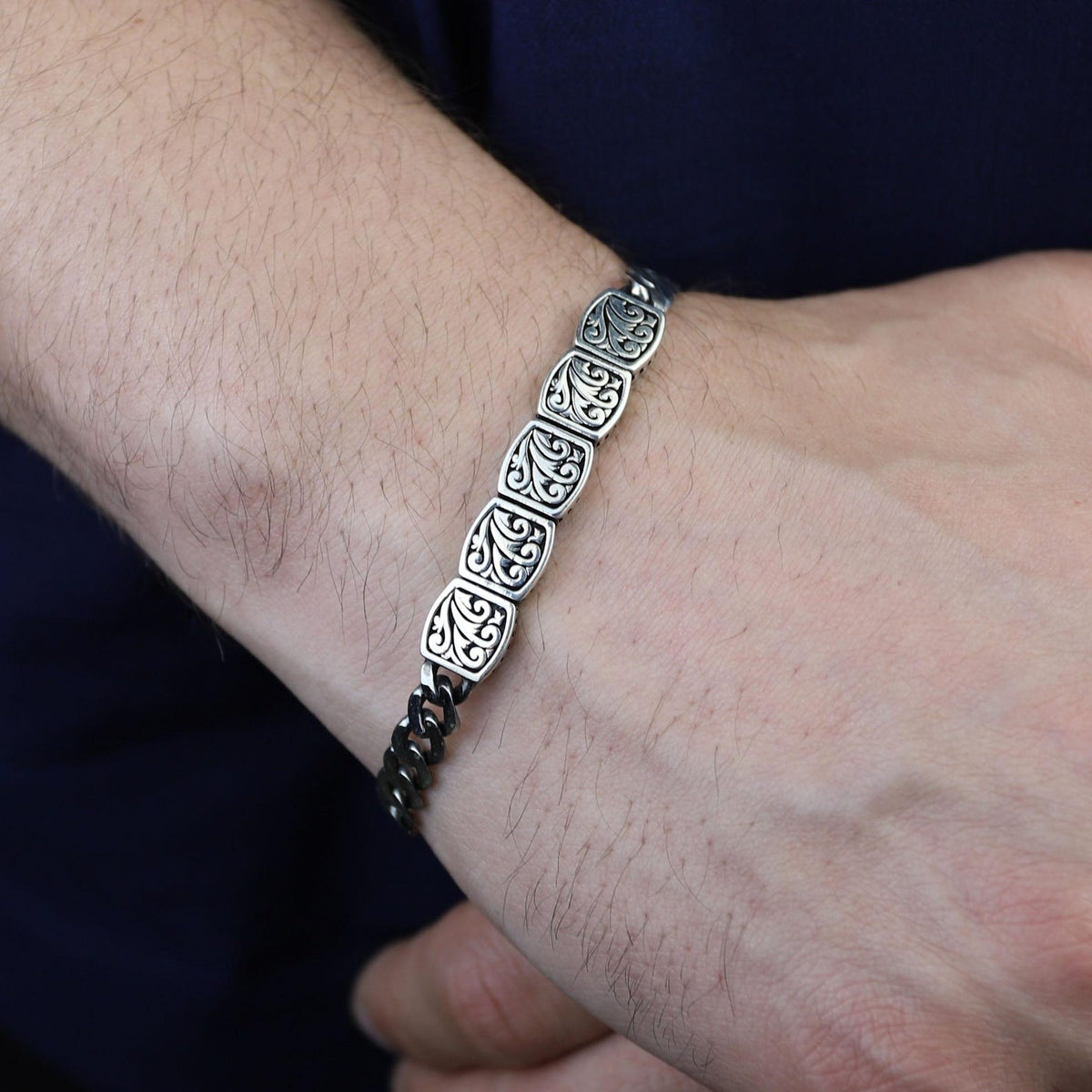 925 Sterling Silver Cuban Chain Bracelet Men Handmade Engraved Curb Link Gift